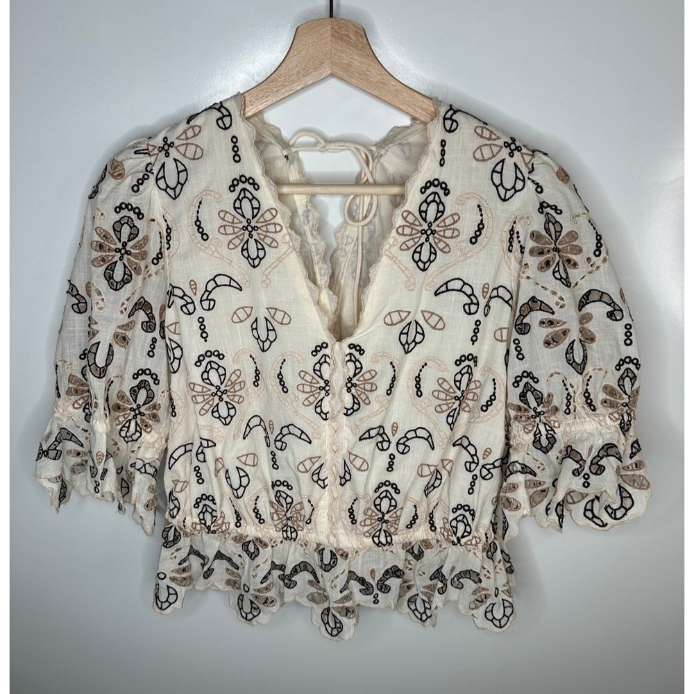 NWT By Anthropologie Embroidered Eyelet Blouse Cotton Size Medium Milkmaid Boho - Picture 2 of 16
